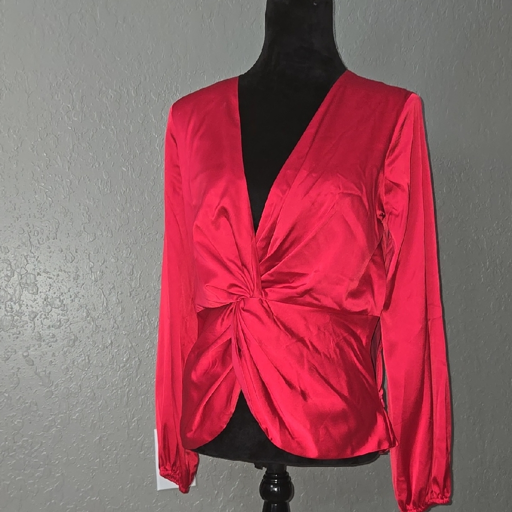 INC International Concepts Red Tie Front Fitted Blouse